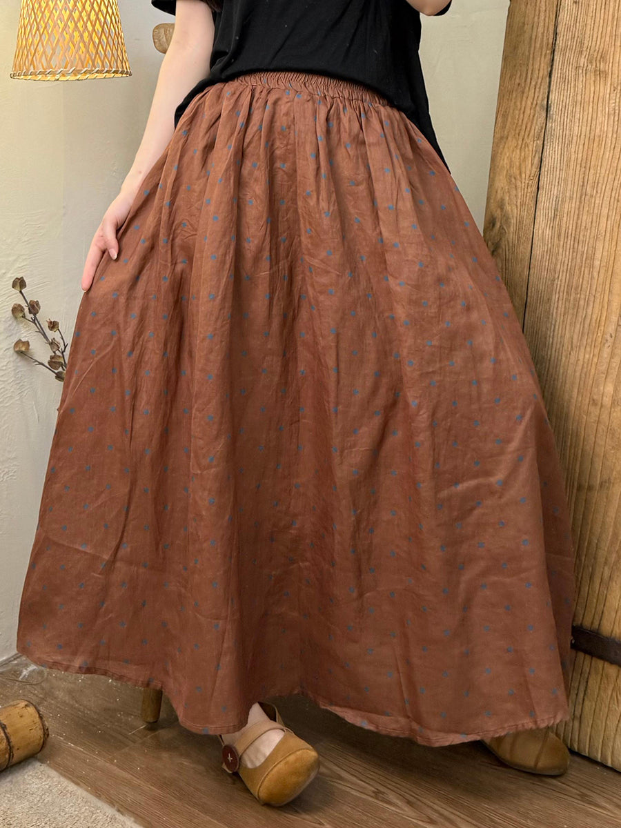 Women Summer Vintage Stripe Dot Ramie Skirt