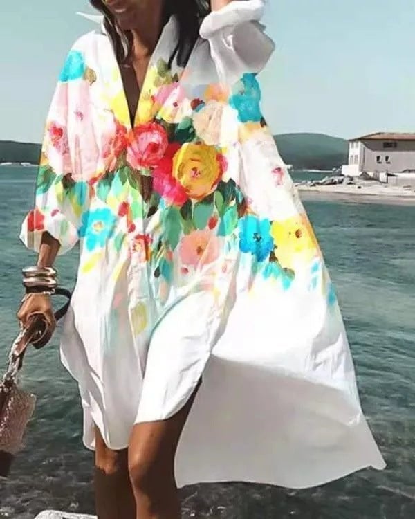 Vestido camisero floral de manga larga para mujer con cuello en V