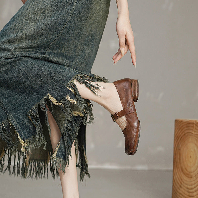 Elegant Square-Toe Horse Leather Mary Jane Shoes with Block Low Heel Buckle Apricot/Black/Brown