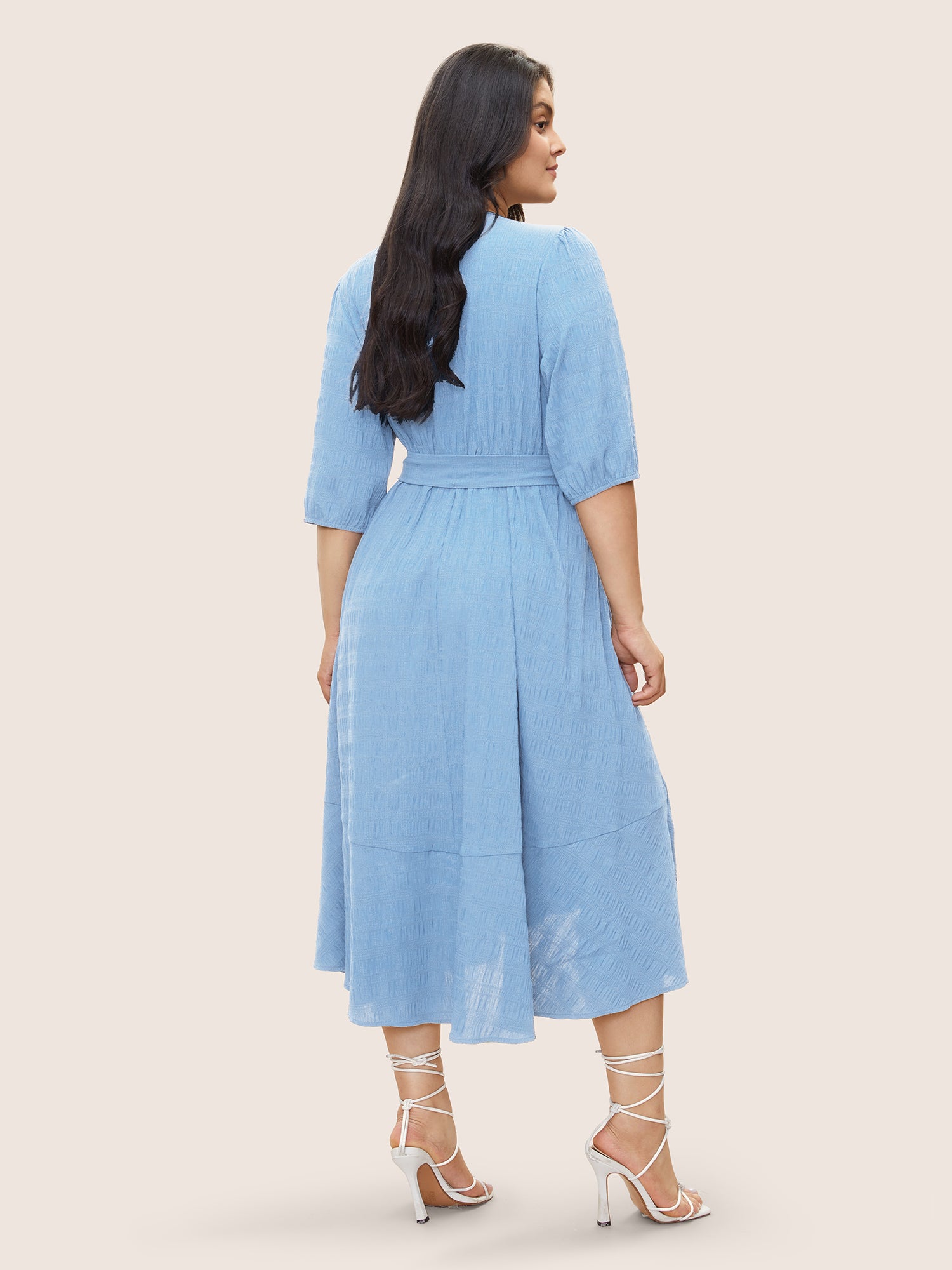 Plisse Overlap Collar Belted Pleated Detail Dress