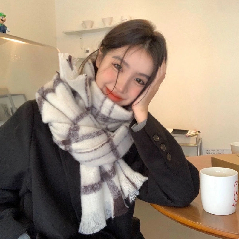 Gradient Horizontal Plaid Couple Scarf Mohair Scarf Winter Warm Thickened Lengthened Trendy White Scarf