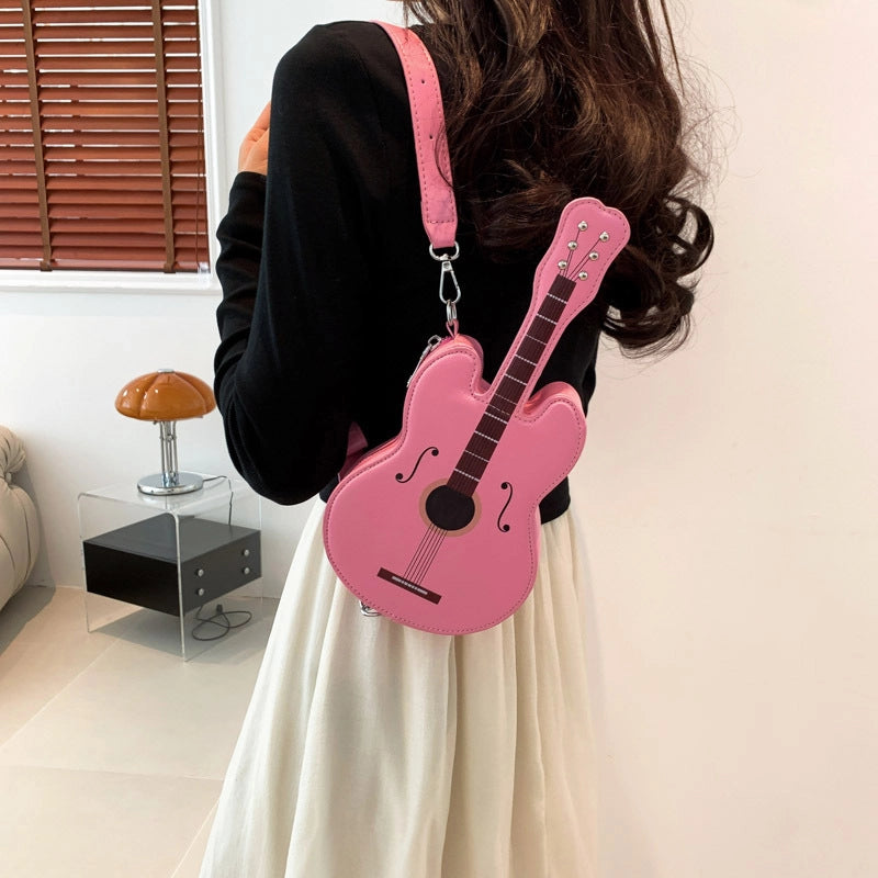 Women's Small Pu Leather Guitar Streetwear Oval Zipper Shoulder Bag