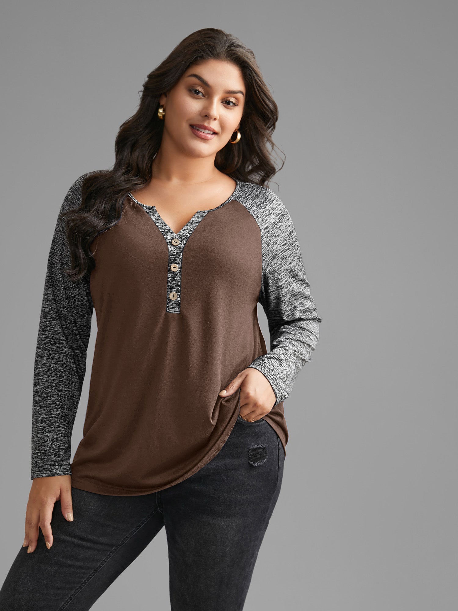 Heather Patchwork Button Detail Stretchy T-Shirt