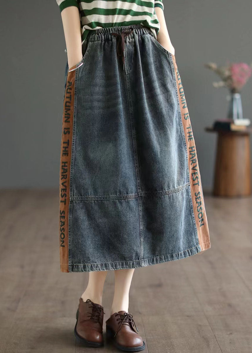 Simple Blue Pockets Patchwork A Line Fall Denim Skirts