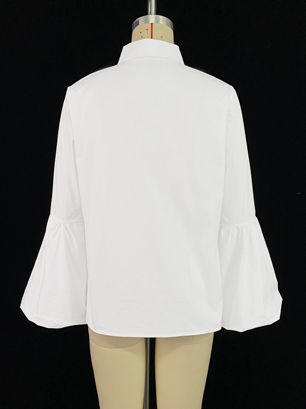 Long Sleeves Loose Buttoned Elasticity Solid Color Split-Joint Stand Collar Blouses&Shirts Tops