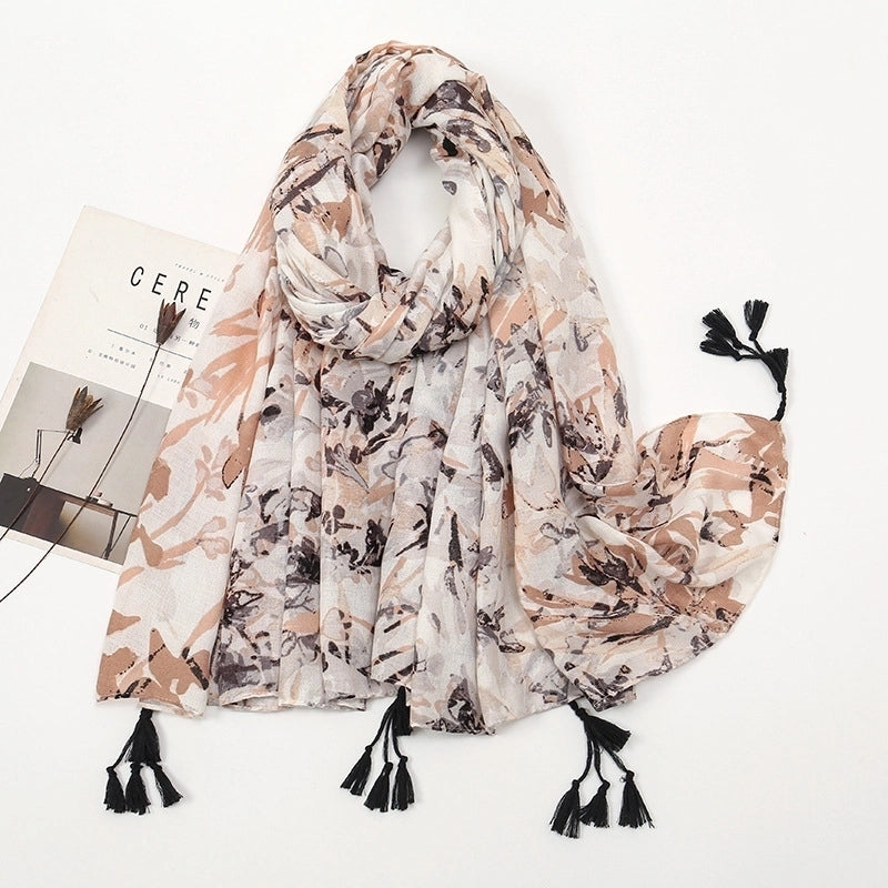 Women'S Sweet Flower Cotton And Linen Tassel Scarf
