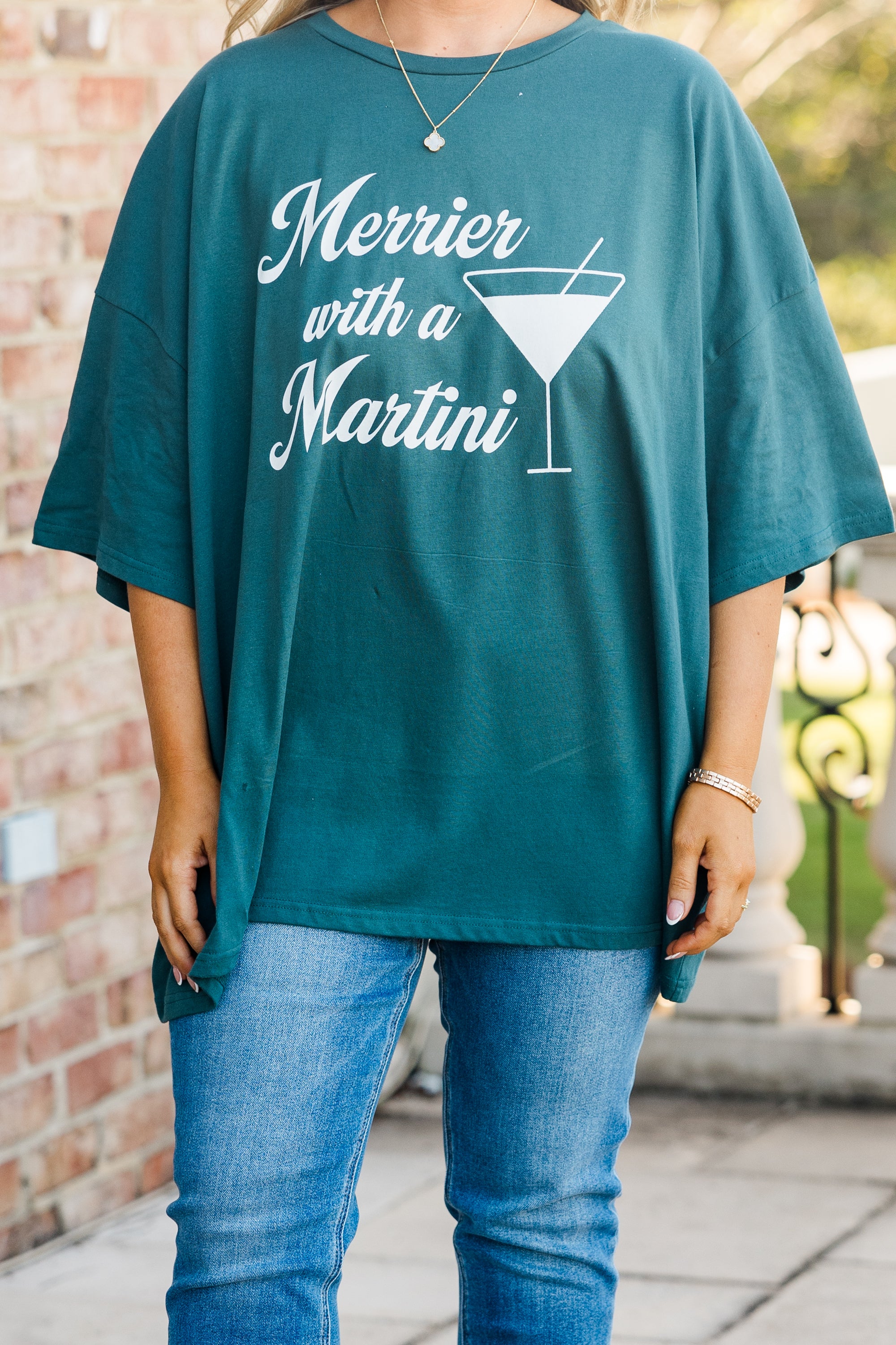 Merrier With A Martini Boyfriend Tee. Peacock