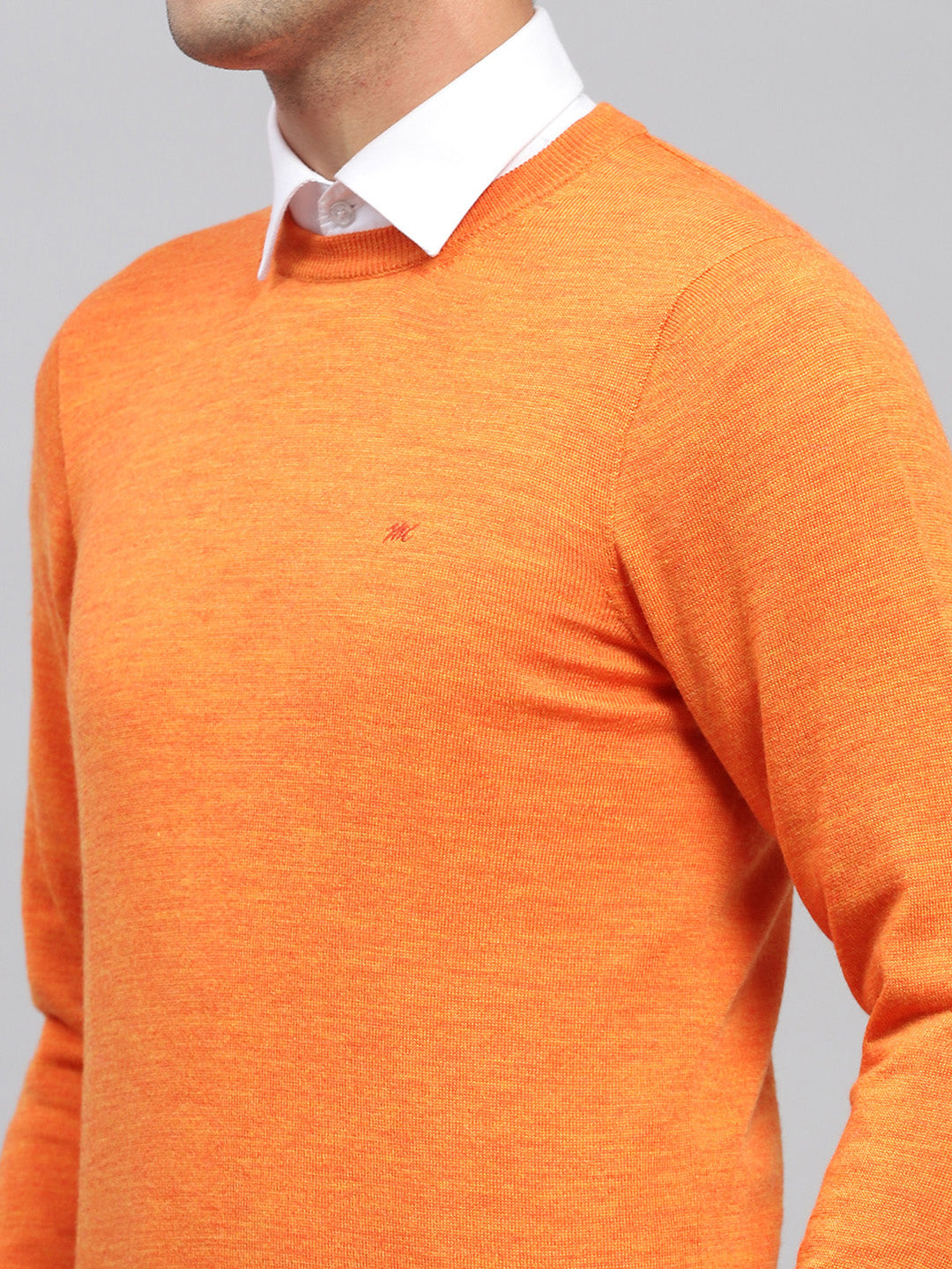 Men Orange Solid Round Neck Full Sleeve Pullover