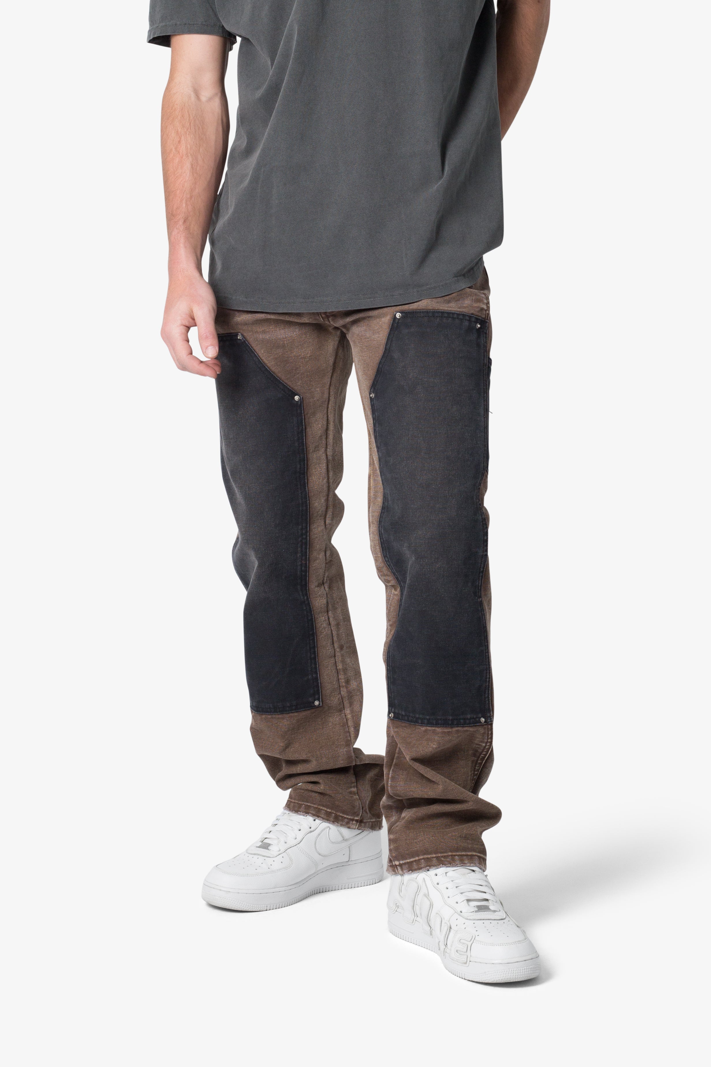 Contrast Double Knee Denim - Brown