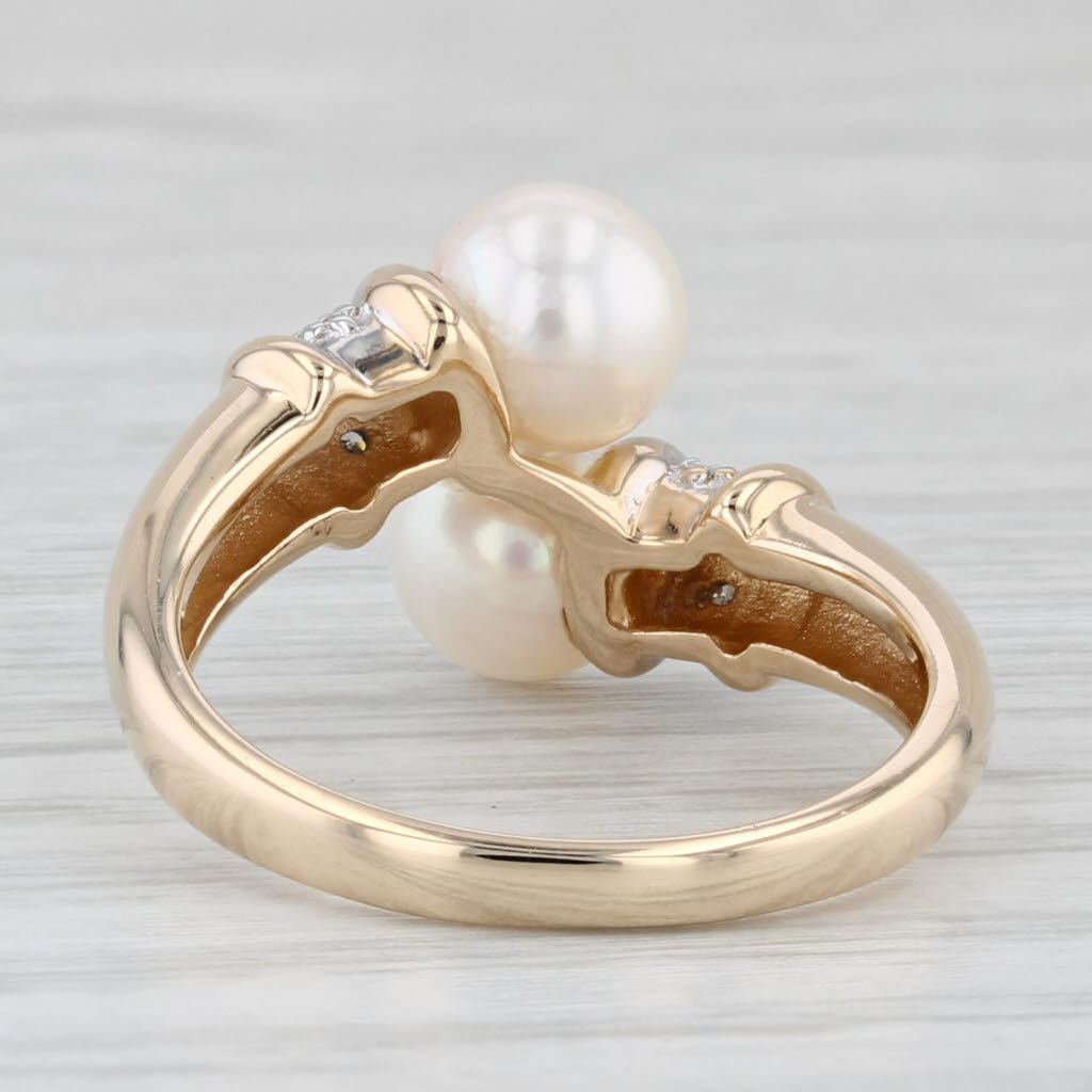 Cultured Pearl Diamond Bypass Ring 14k Yellow Gold Size 7