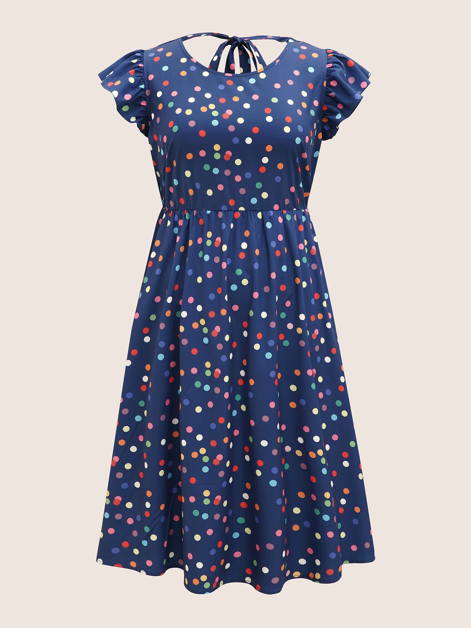 Colored Polka Dot Tie Knot Ruffle Cap Sleeve Dress