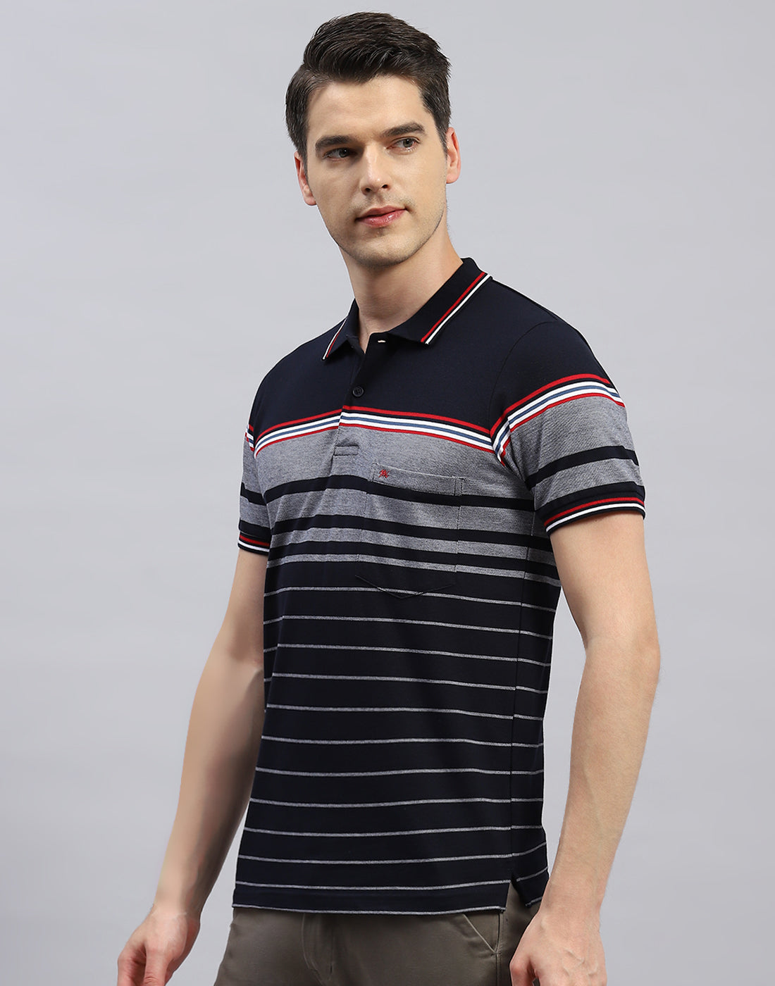 Men Navy Blue Stripe Polo Collar Half Sleeve T-Shirt