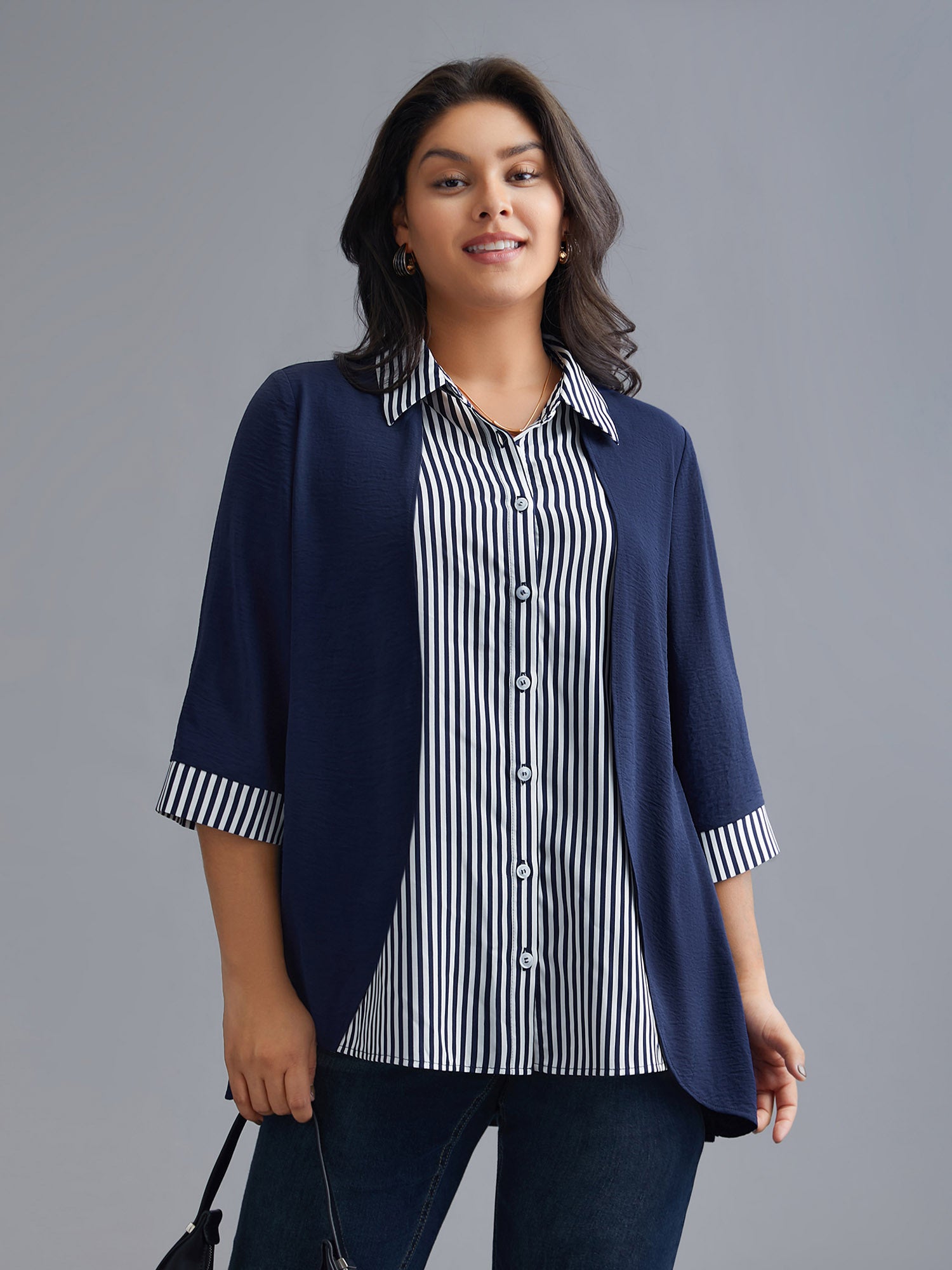 Shirt Collar Patchwork Striped Blouse