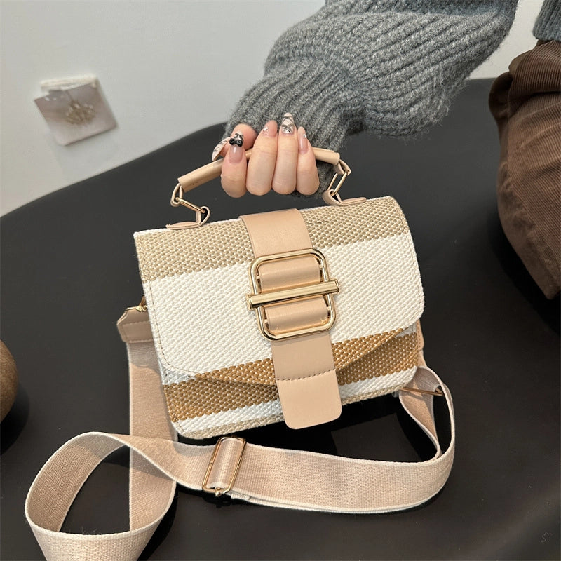 Women's Pu Leather Stripe Classic Style Sewing Thread Square Magnetic Buckle Flip Cover Crossbody Bag