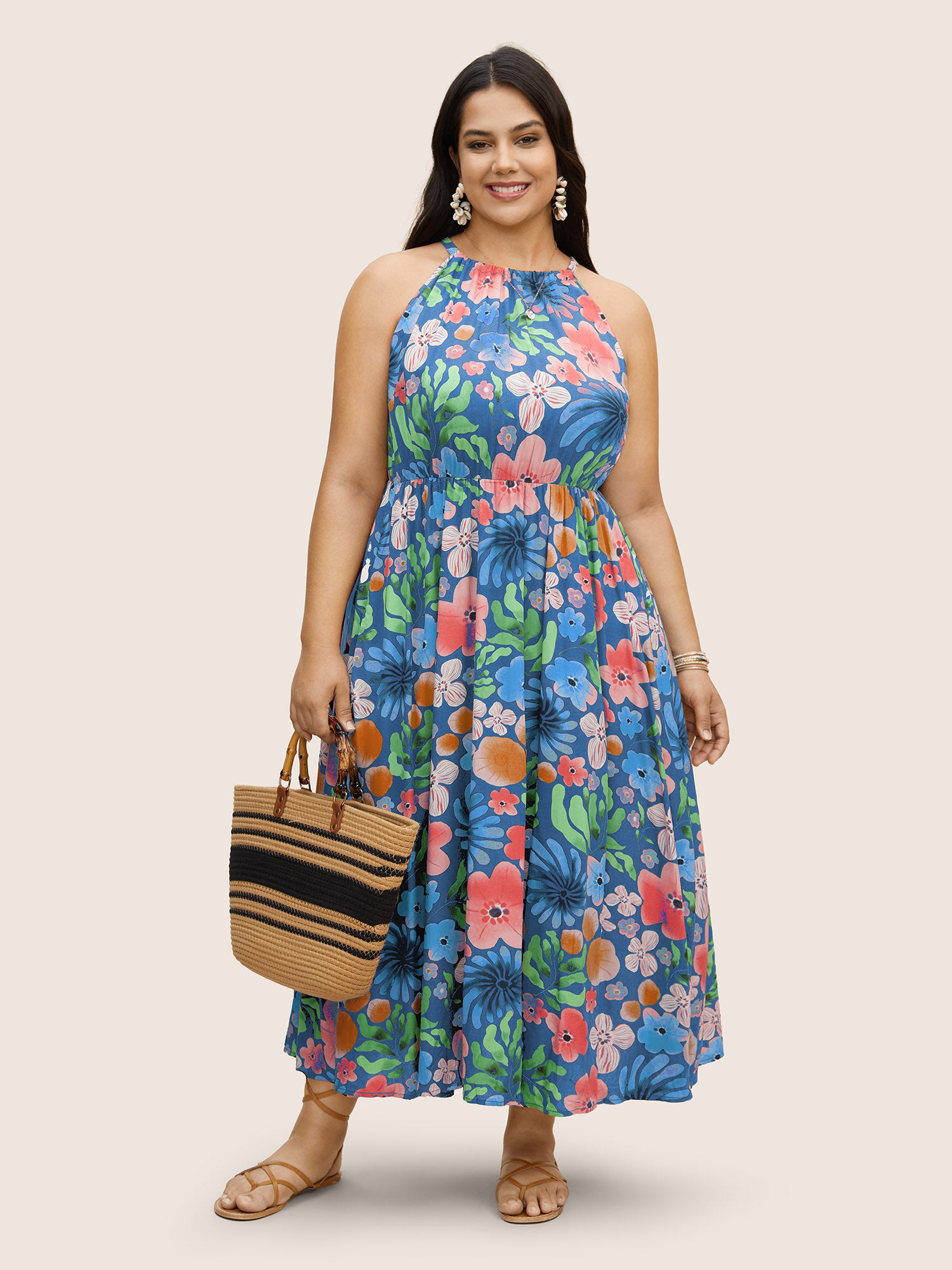 Floral Printed Patchwork Side Seam Pocket Dress