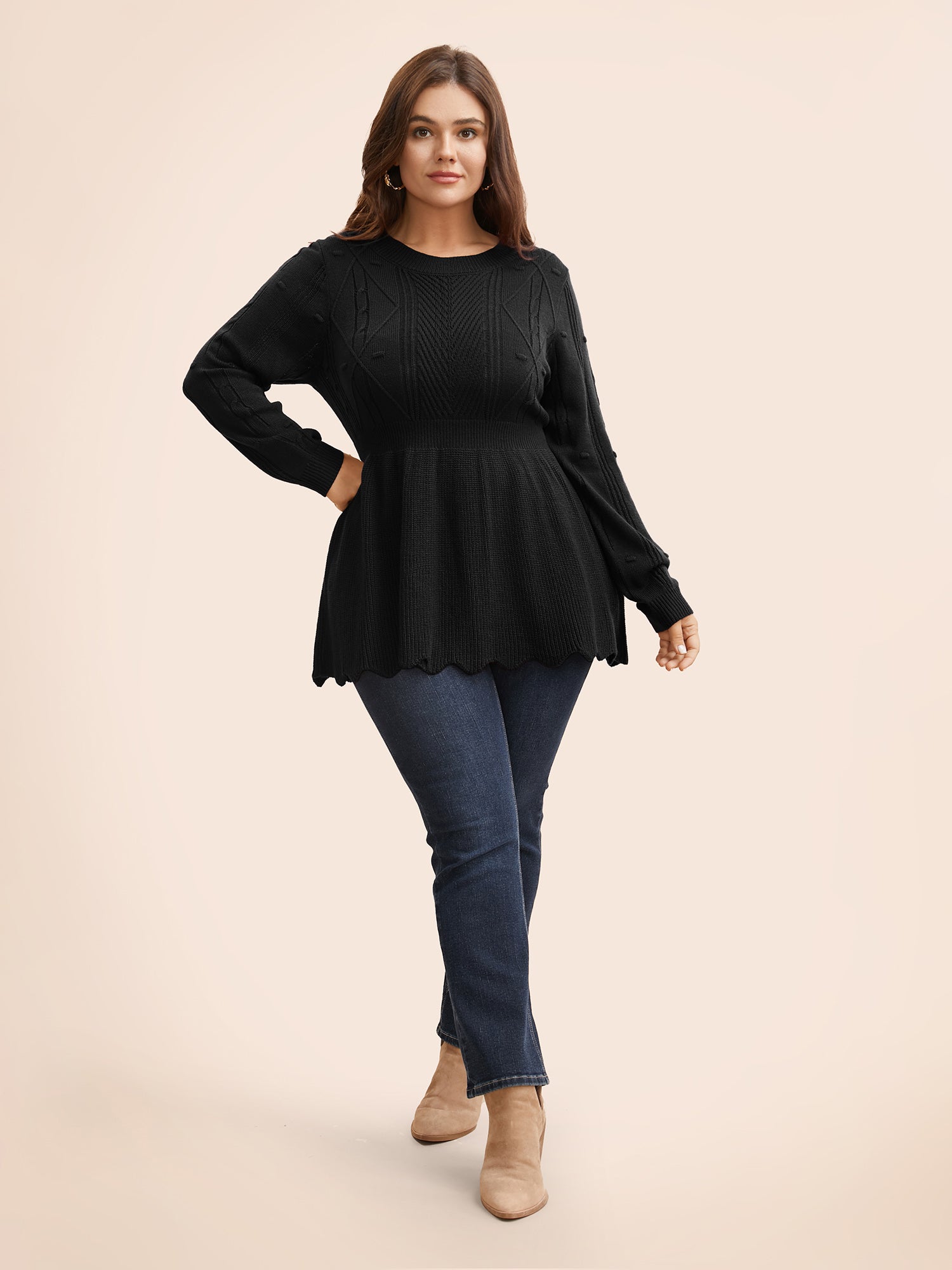 Plain Textured Scalloped Trim Pullover