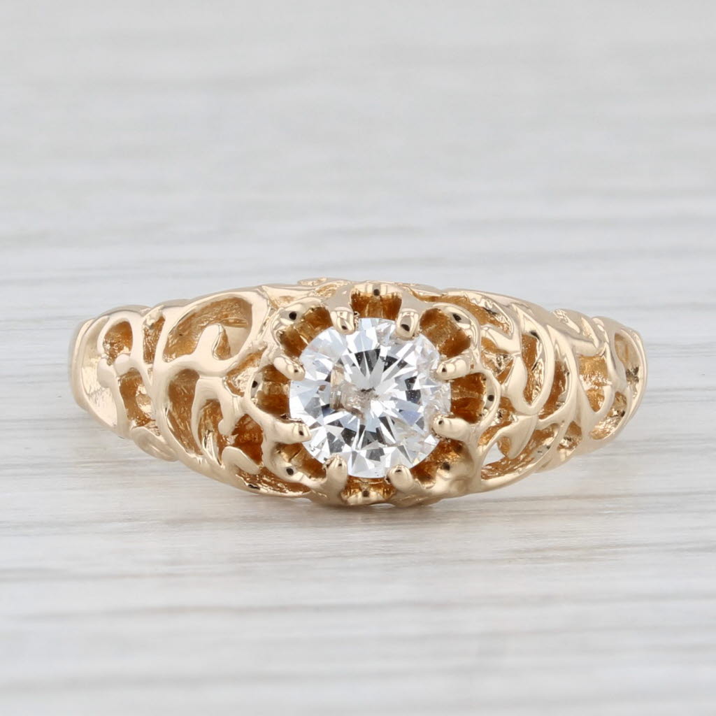 0.53ct Round Diamond Solitaire Engagement Ring 14k Gold Ornate Openwork Sz 6.75