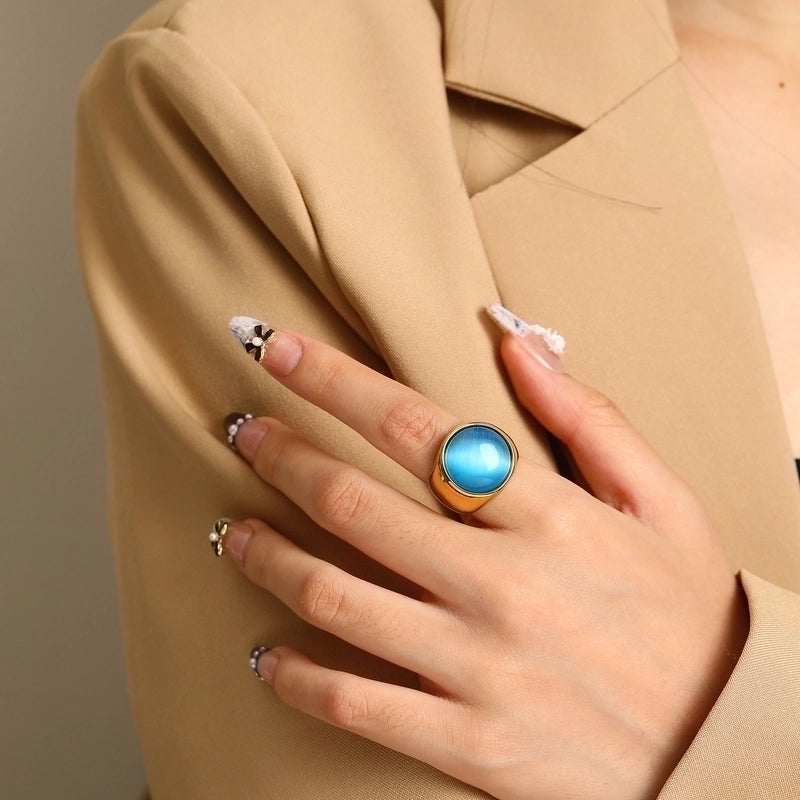 Vintage Style Minimalist Geometric Color Block Titanium Steel Plating Inlay Opal Rings