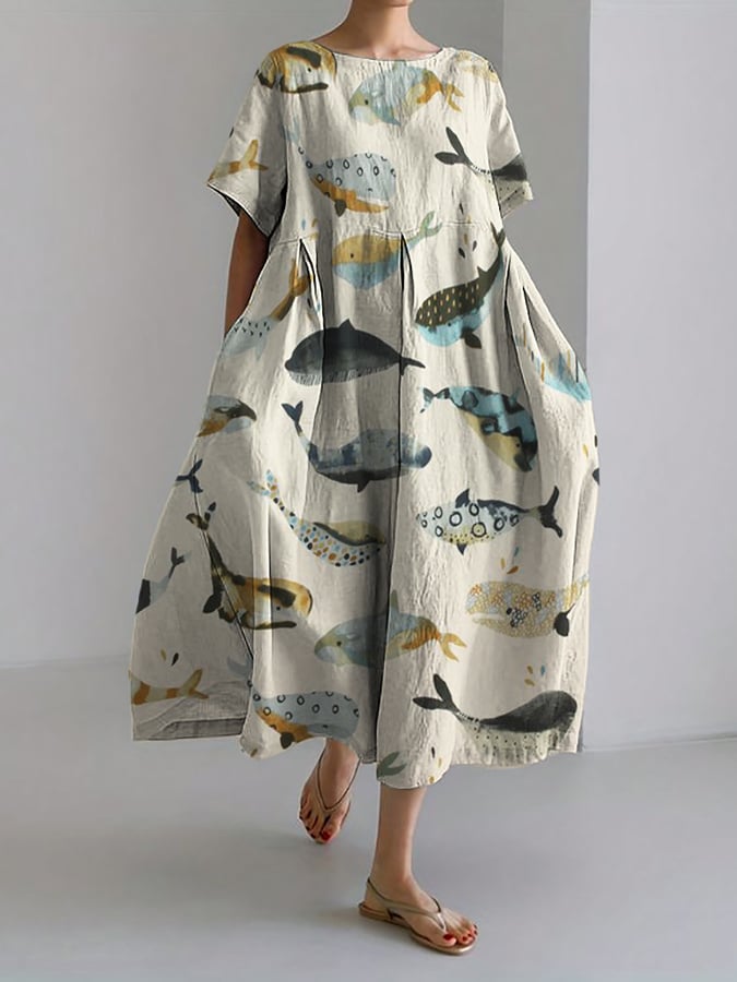 The New Small Fish Print Medium Long Loose And Loose Dress