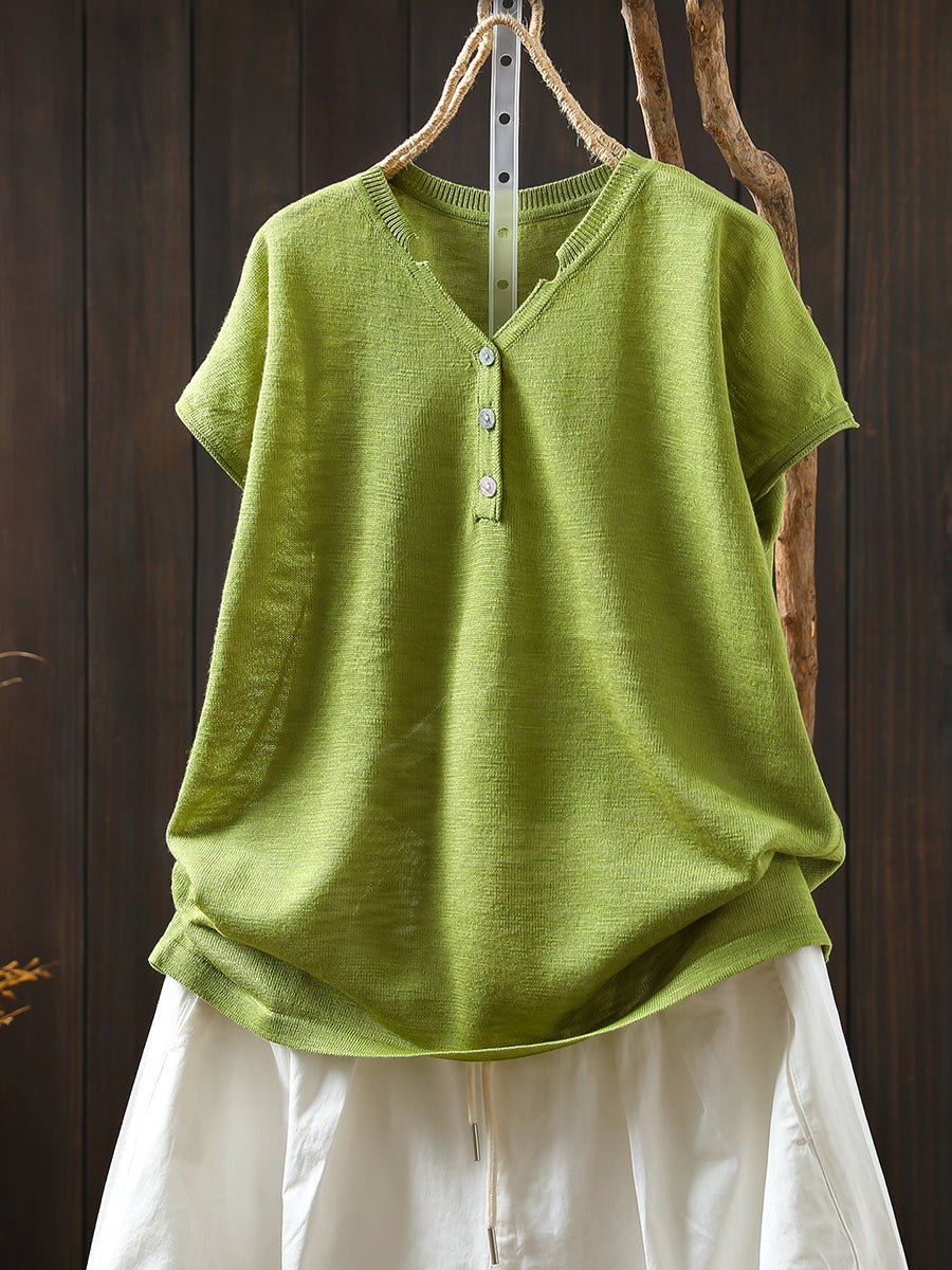 Women Summer Casual Pure Color Knitted V-Neck Shirt