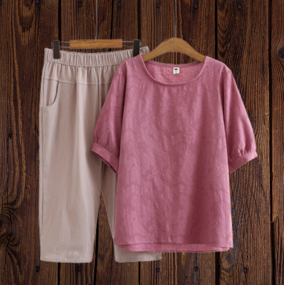 women's cotton linen short-sleeved Two pieces set Loose and slim