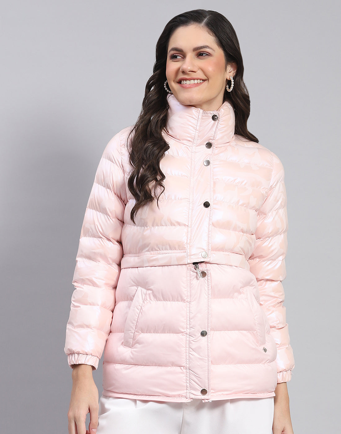 Women Pink Solid Stand Collar Full Sleeve Jacket