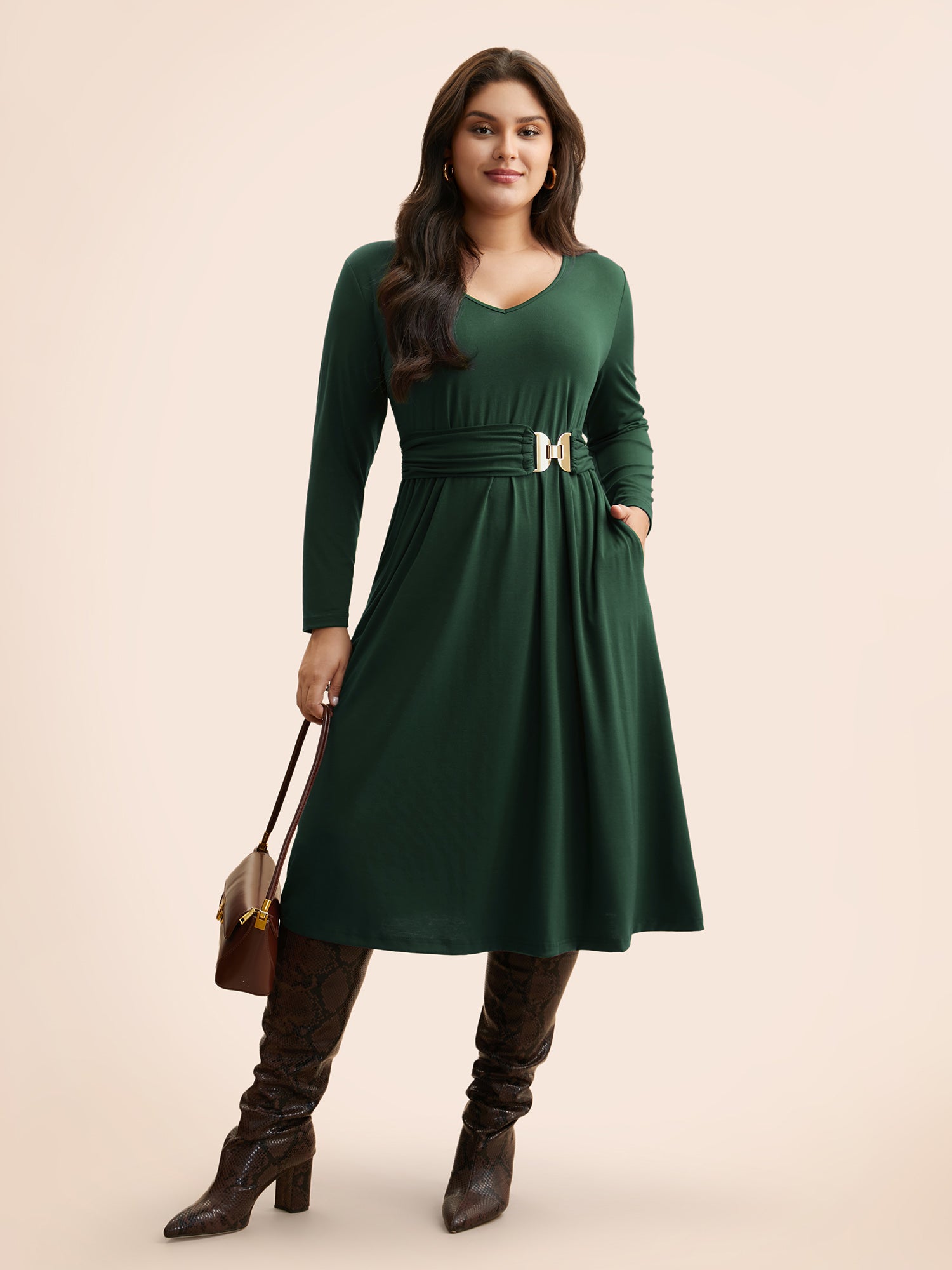 Solid Metal Detail Midi Dress