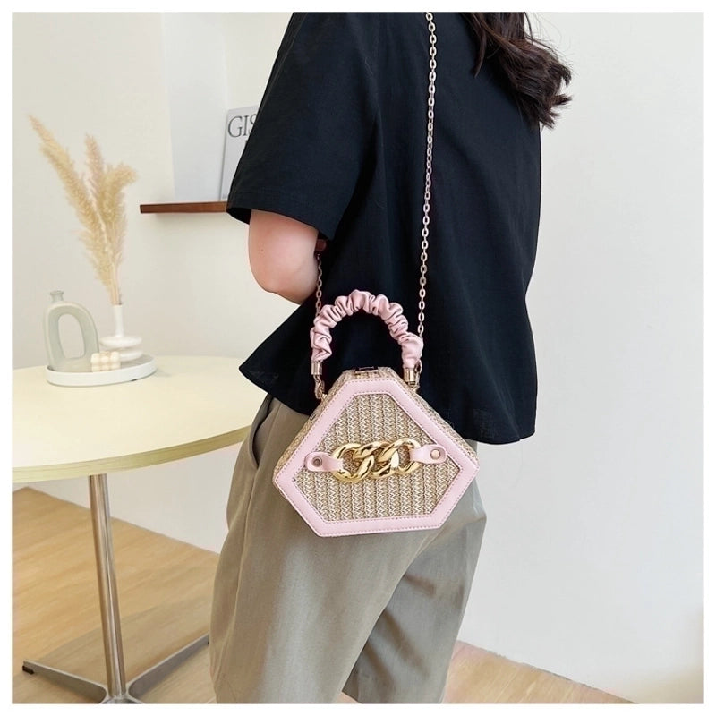 Women's Small Straw Geometric Classic Style Lock Clasp Straw Bag