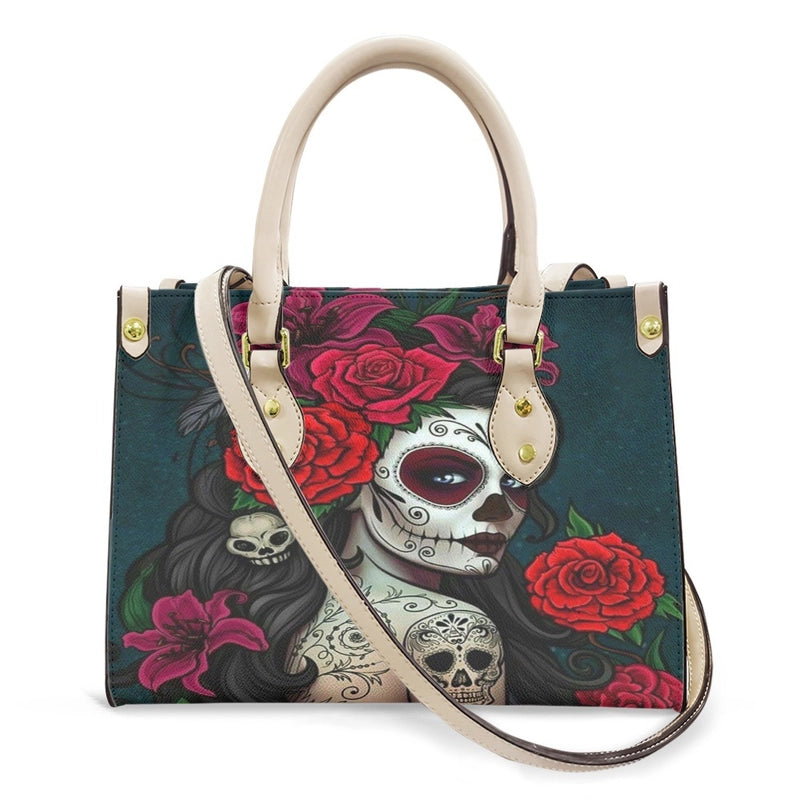 Halloween Women's Medium Pu Leather Human Floral Streetwear Square Hook Loop Customized Tote Bag