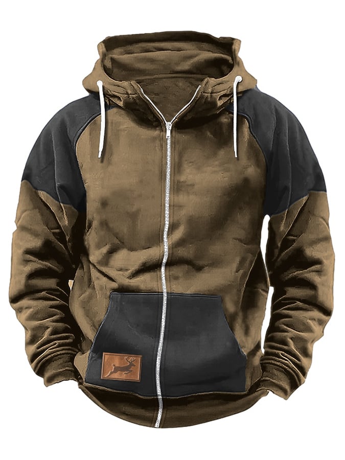 Men's Western Style Elk Print Zip Hooded Sweatshirt