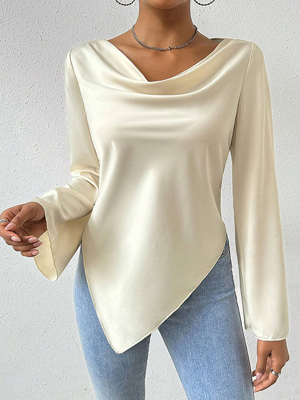 Long Sleeves Loose Solid Color Heaps Collar T-Shirts Tops