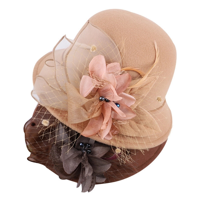 Women's Woolen Autumn And Winter New Dome Bowler Hat Female  Hepburn Style Yarn Flower Basin Hat Flat Brim Elegant Felt Hat