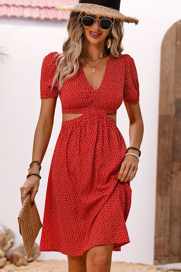 V Neck Floral Print Cutout Design Dress