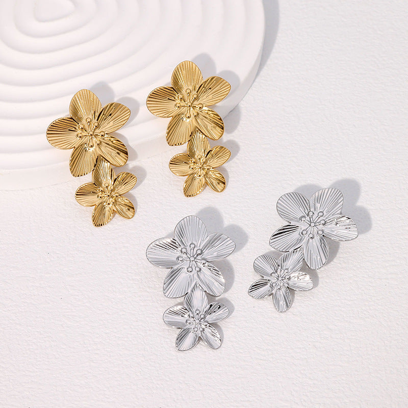 Retro Flower Earrings Niche Simple French Gold-Plated Stainless Steel Earrings