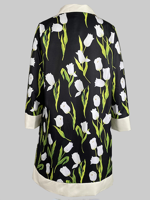 A-line Loose Buttoned Flower Print Stand Collar Mini Dresses