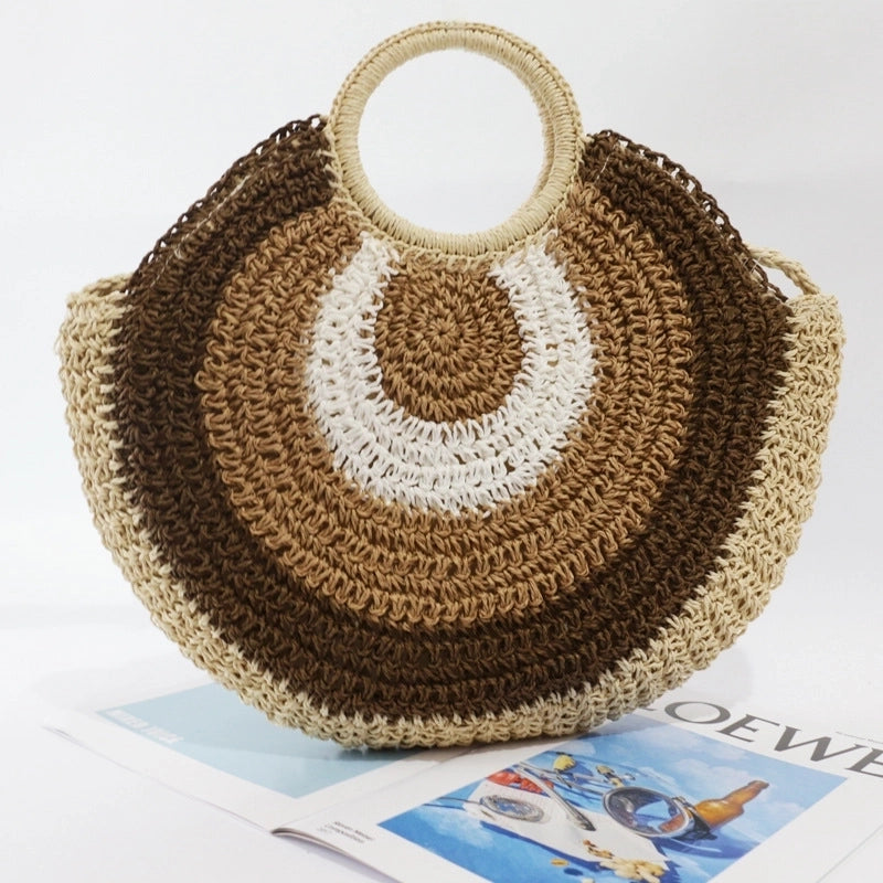 Women's Medium Straw Geometric Vintage Style Weave Round Zipper Straw Bag