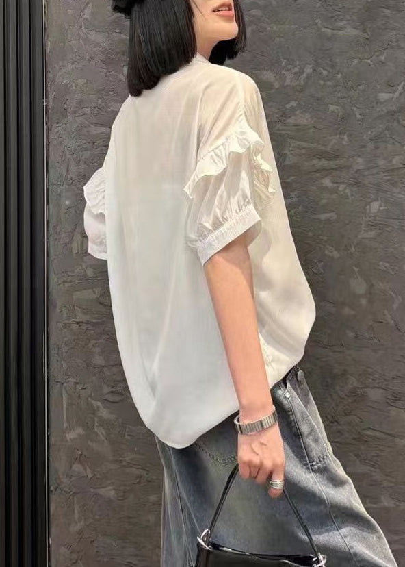 Modern White Peter Pan Collar Floral Shirts And Denim Skirts Two Pieces Set Short Sleeve Summer