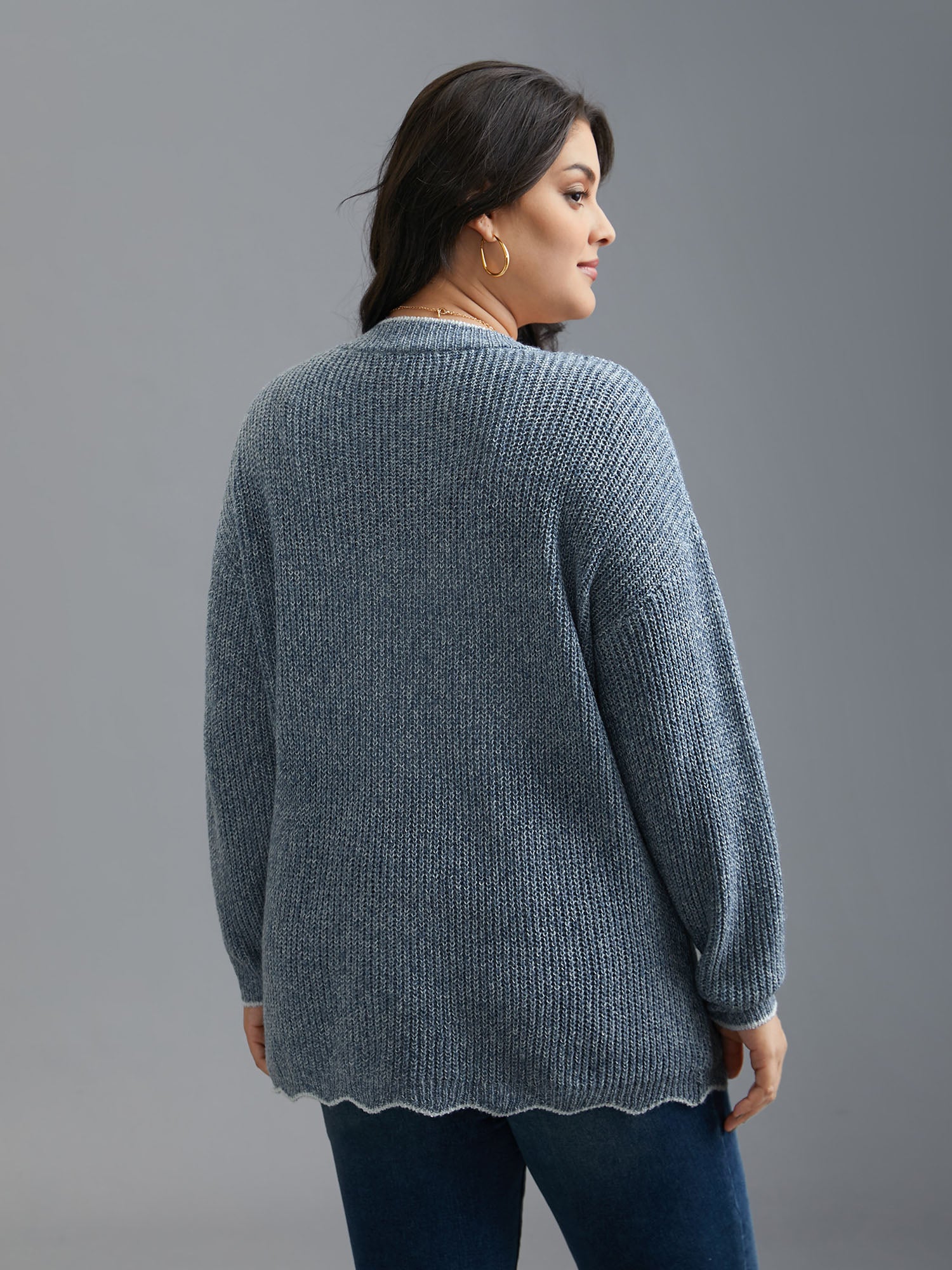 Plain Textured Contrast Trim Cable Knit Pullover