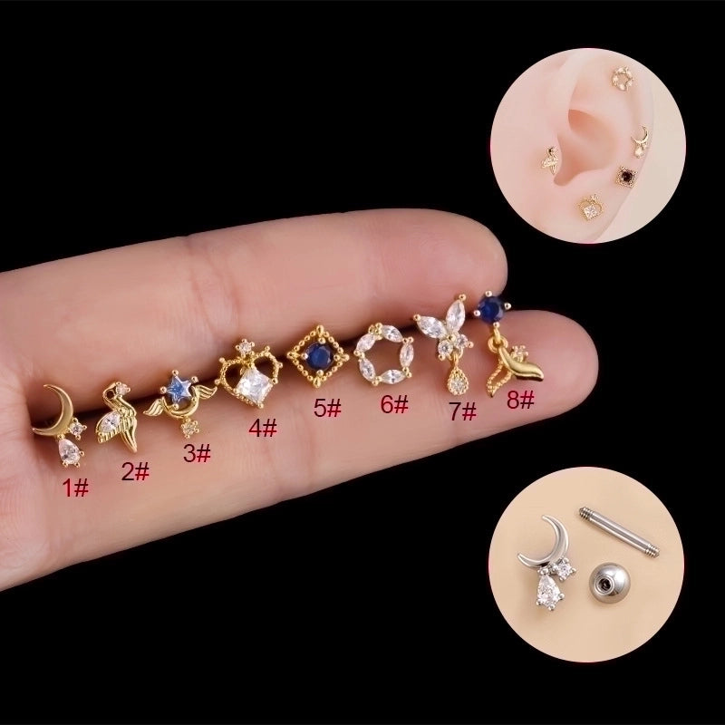 1 Piece Ear Cartilage Rings & Studs Retro Moon Water Droplets Heart Shape 316L Stainless Steel  Copper Inlaid Zircon