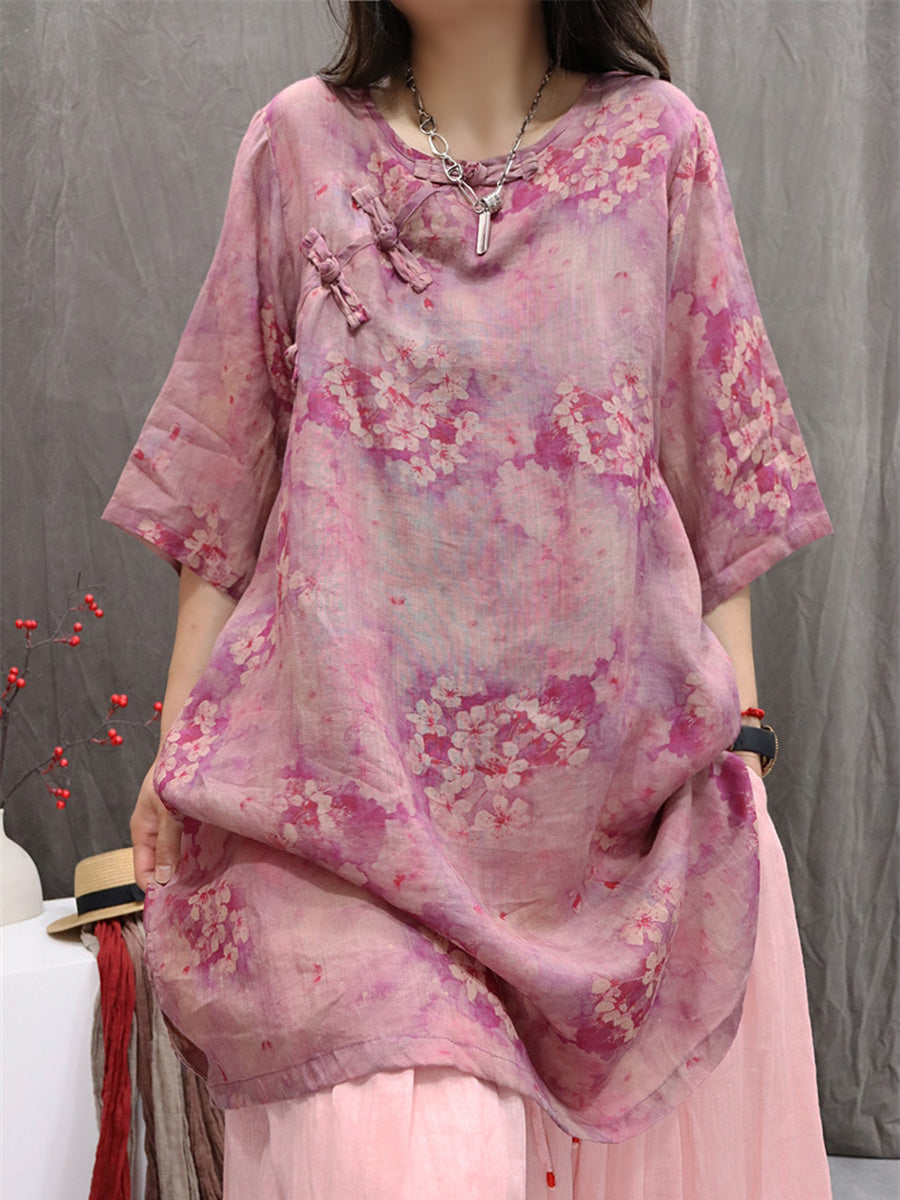 Women Summer Retro Flower O-Neck 100%Ramie Shirt