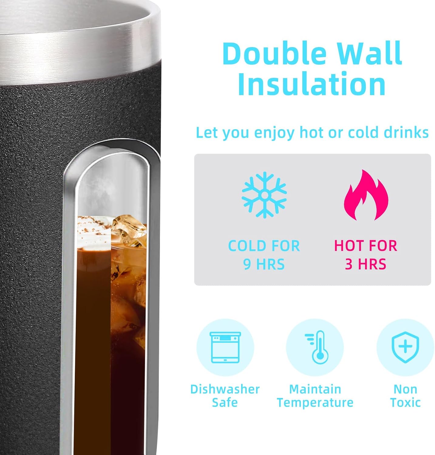 Volhoply 14oz Insulated Stainless Steel Coffee Mug with Leakproof Lid,Double Wall Vacuum Travel Coffee Cup with Handle,Reusable Metal Tumbler,Camping Mugs Keep Hot/Cold,Christmas Gifts(Black,1