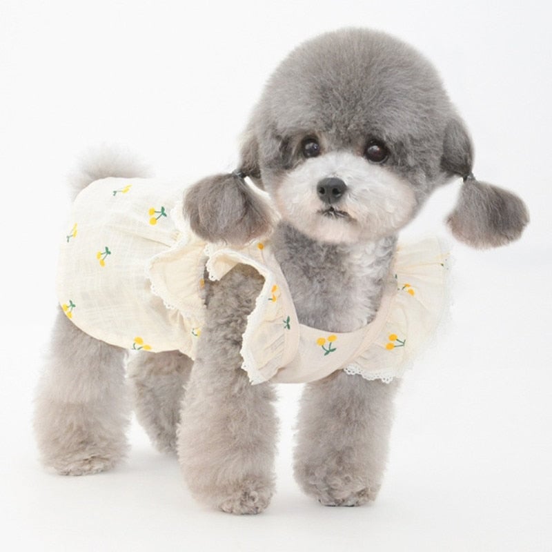 Cherry Printed Dog Cat Dress With Hat