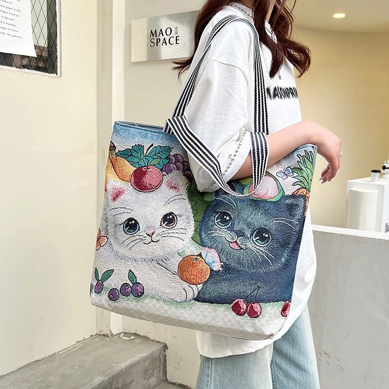New Ethnic Style Embroidered Tote Bag Artistic Simple Student Shoulder Bag Women's Large Capacity Canvas Shopping Bag