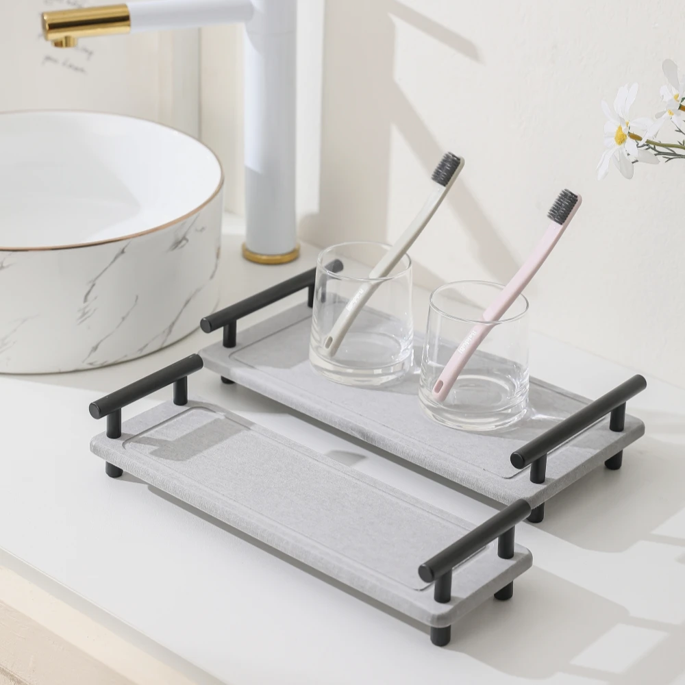 New diatomaceous earth water absorbing stone tray mat bathroom counter organizer toothbrush cup holder sink caddy diatomite tray