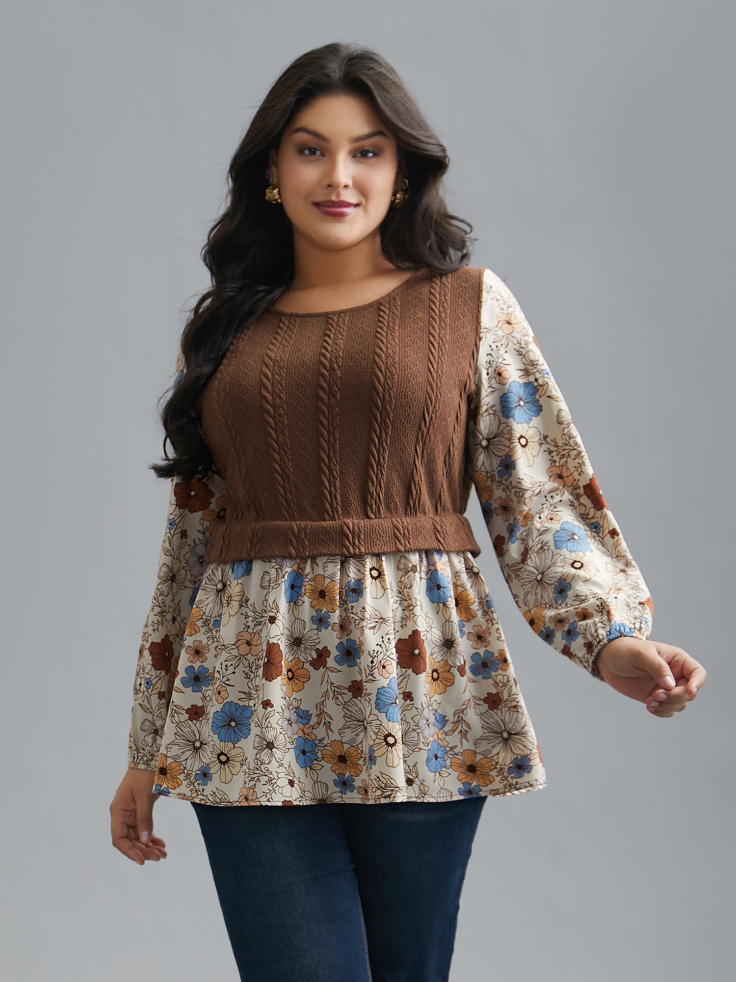 Mixed Texture Floral Combined Blouse