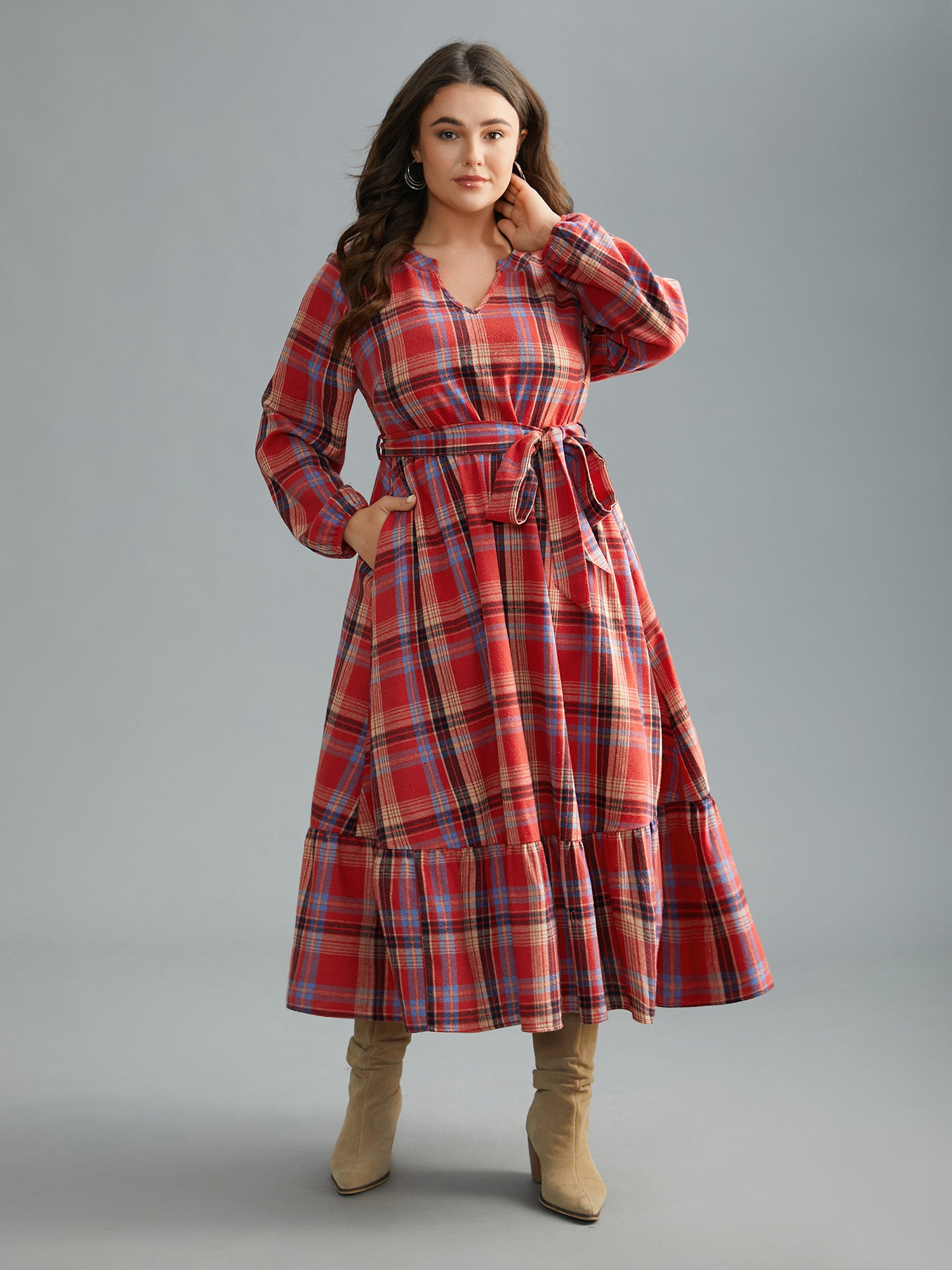 Festive Notched Collar Plaid Dress