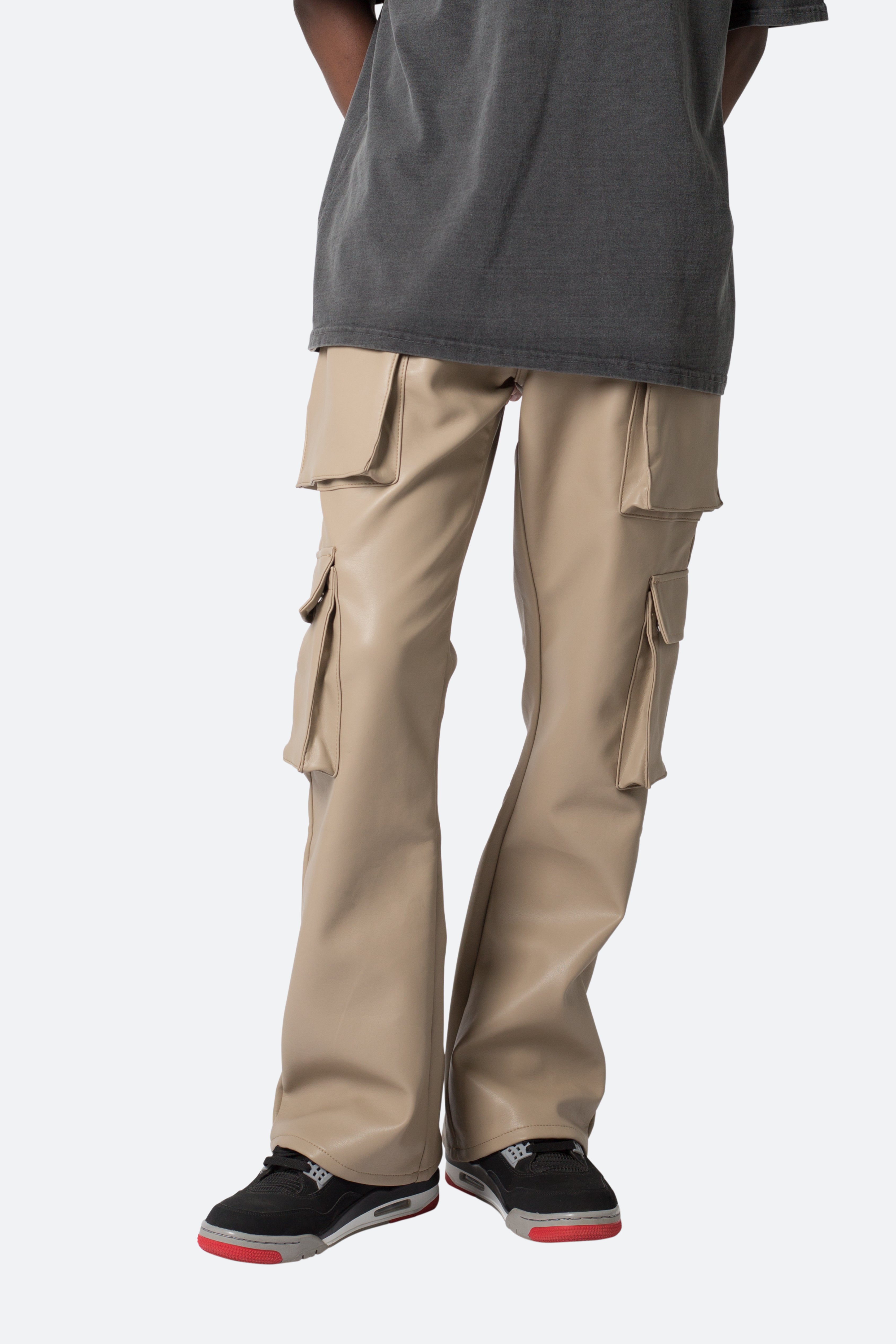 Leather Double Snap Cargo Pants - Khaki