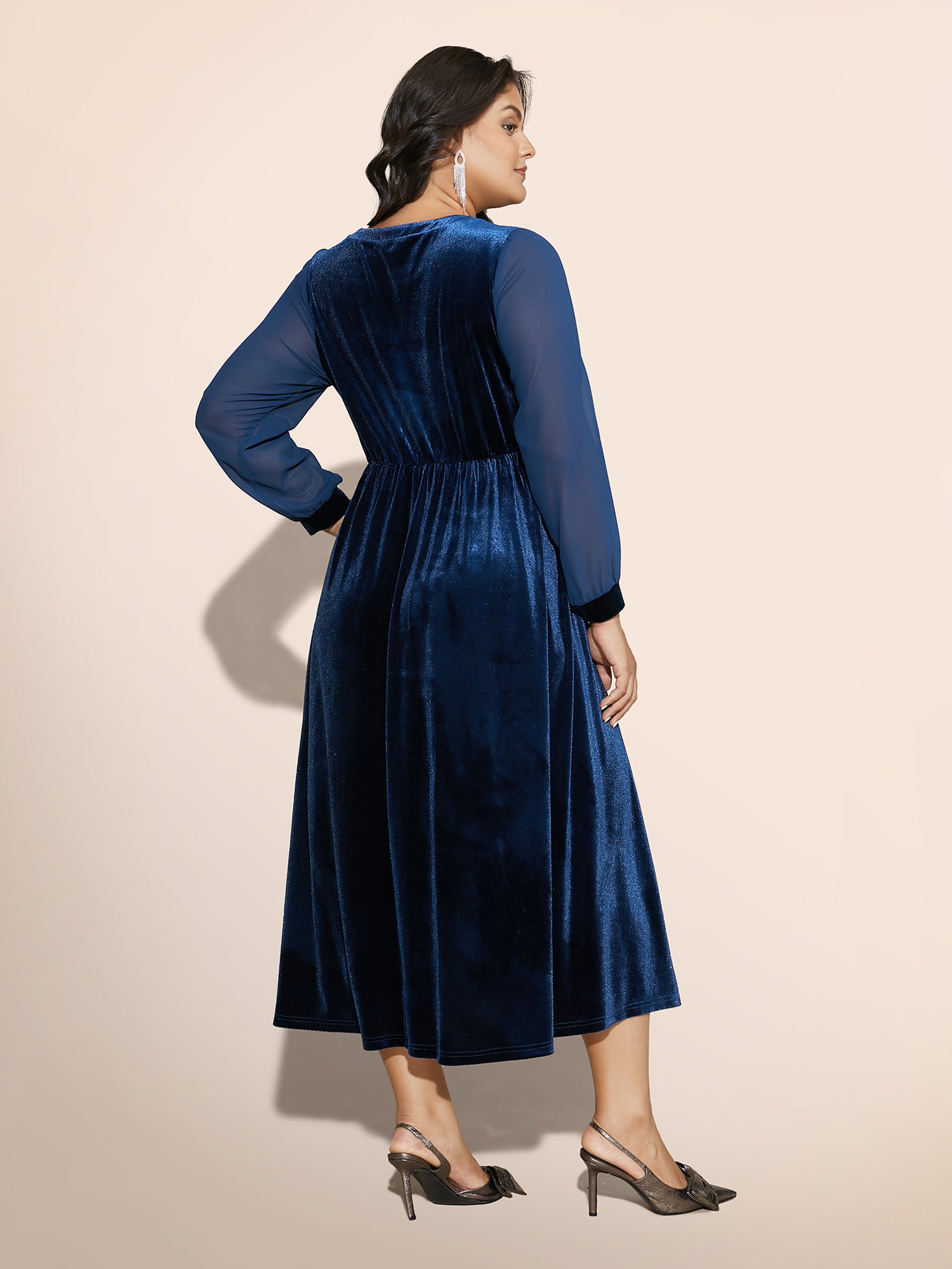 Velvet Patchwork Chiffon Keyhole Midi Dress