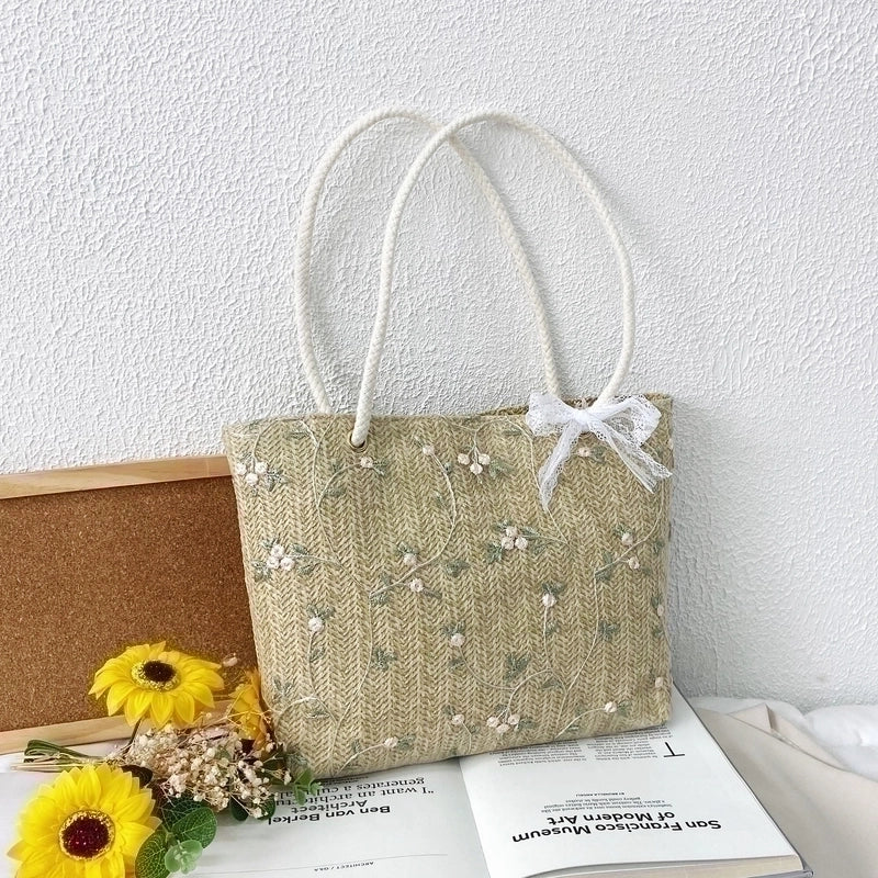 Women's Medium Straw Flower Bow Knot Cute Square Magnetic Buckle Underarm Bag