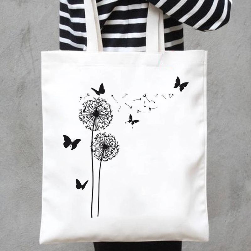 Women's Canvas Printing Heart Shape Butterfly Streetwear Square Open Canvas Bag